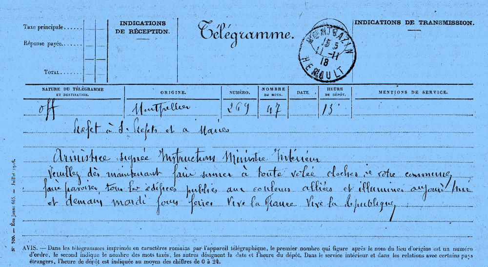 télégramme officiel annonçant l'armistice du 11 novembre 1918