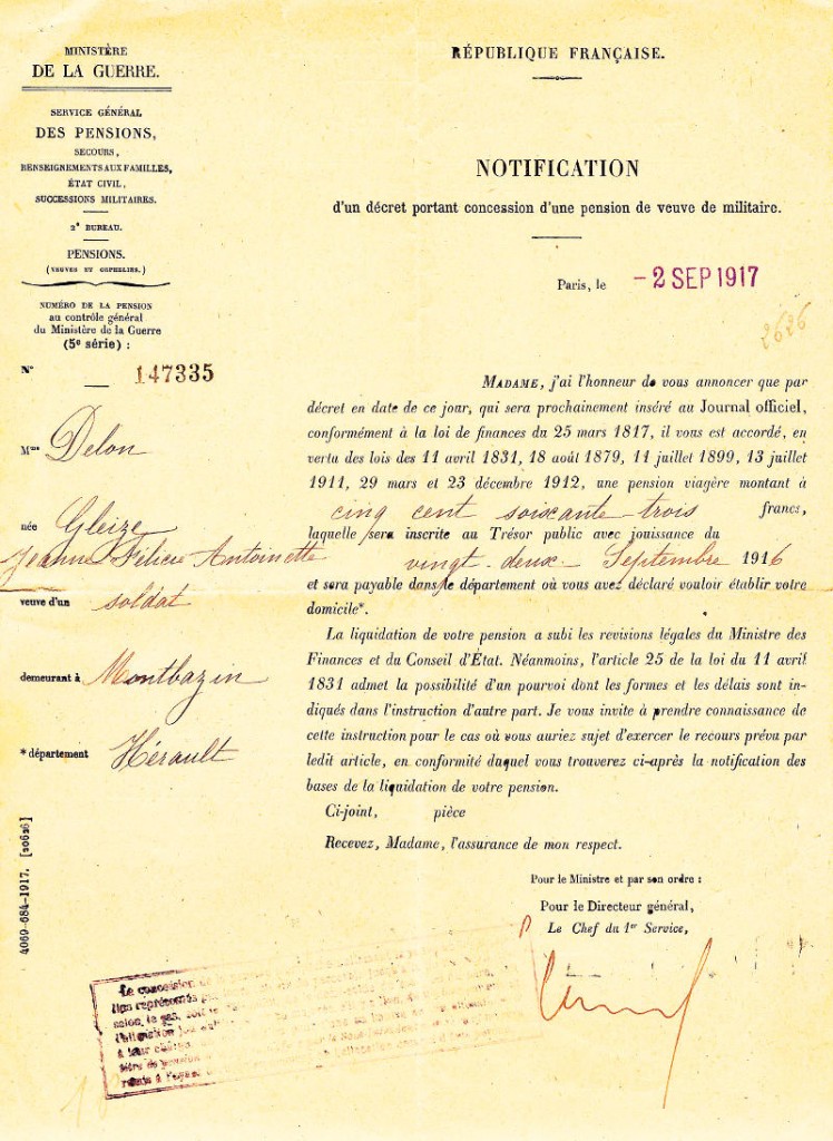 pension de veuve de guerre (recto)