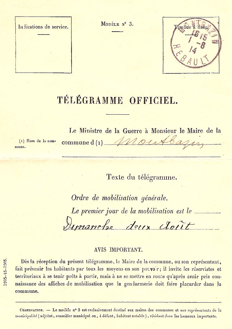 télégramme officiel 1914