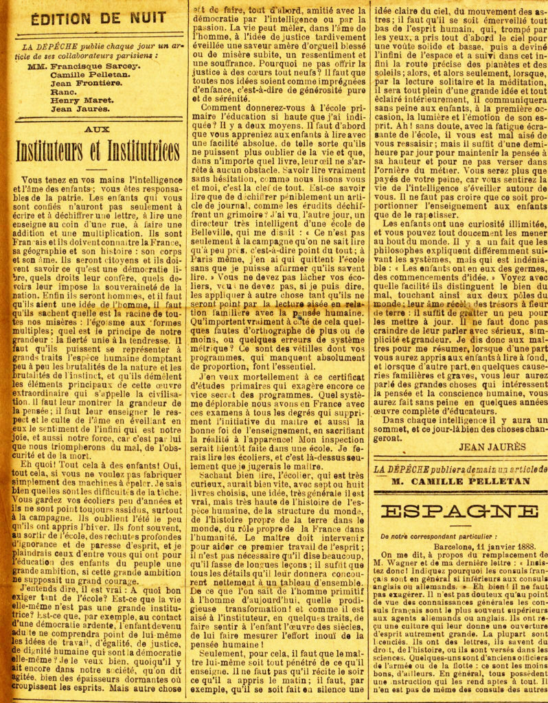 "Lettre aux Instituteurs et Institutrices" de Jean Jaurès - La Dépêche de Toulouse, 15 janvier 1888